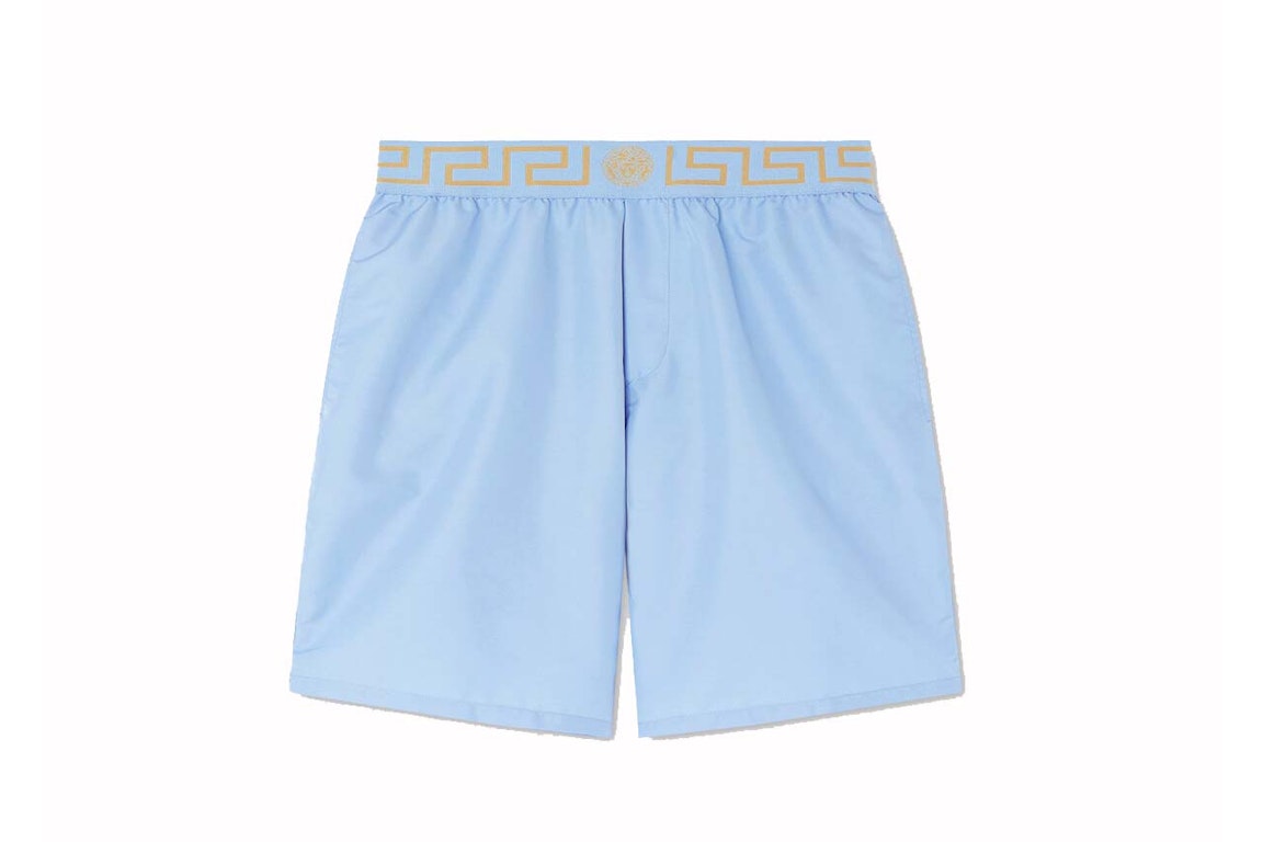 Pre-owned Versace Greca Long Swim Shorts Light Blue