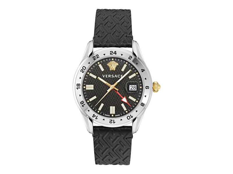 Pre-owned Versace Men's Greca Time Gmt Ve7c00123 Watch In Stainless Steel In Silver