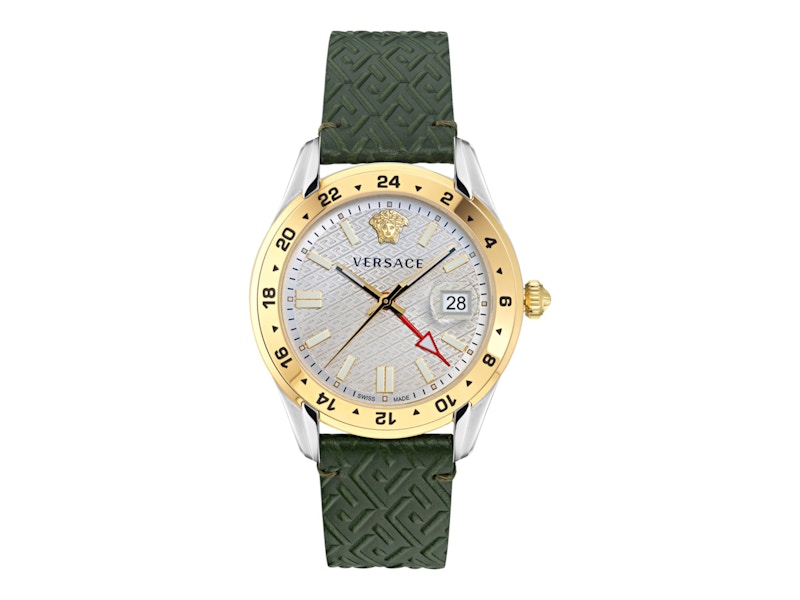 Pre-owned Versace Men's  Greca Time Gmt Ve7c00223 Watch In Stainless Steel In Silver