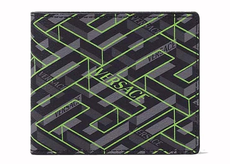 Pre-owned Versace Women's La Greca Wallet (6 Card Slots) In Black/grey/green