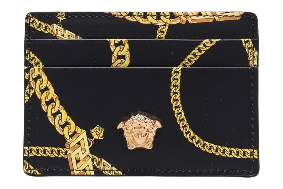 Pre-owned Versace La Medusa Card Holder Chain Link Print Black/gold