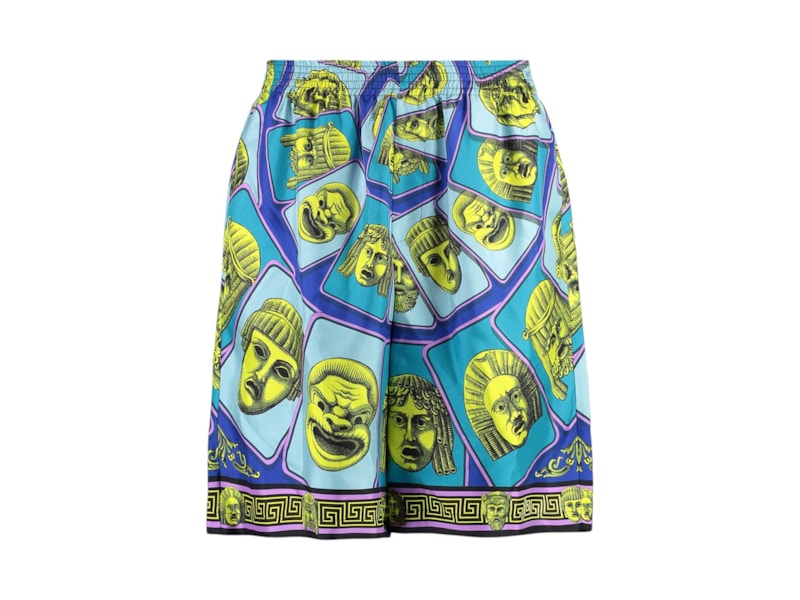 Pre-owned Versace Men's  Le Maschere Mask Silk Shorts In Blue/green