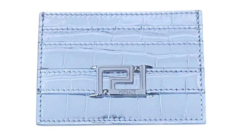 Versace Logo Card Case Laminated Croco Silver Tone