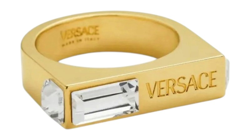 Versace Logo Engraved Crystal Embellished Ring Gold