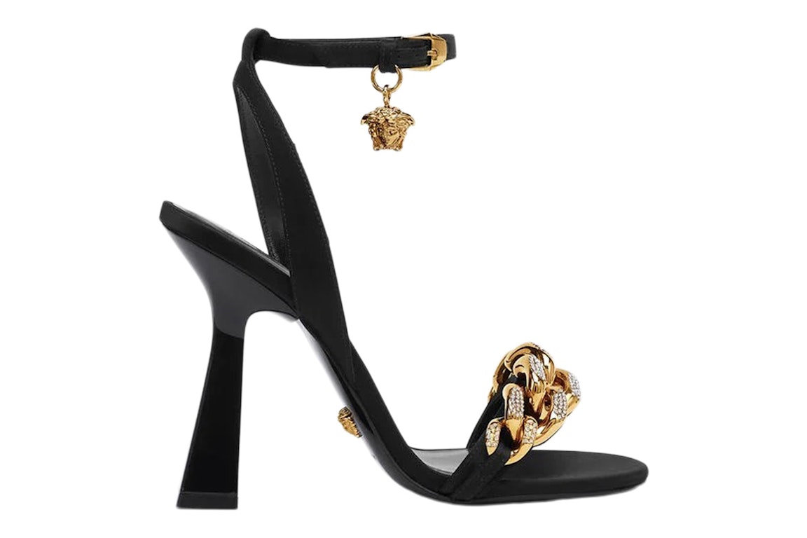 Pre-owned Versace Medusa 110mm Chain High Heeled Sandals Black Satin In Black/gold