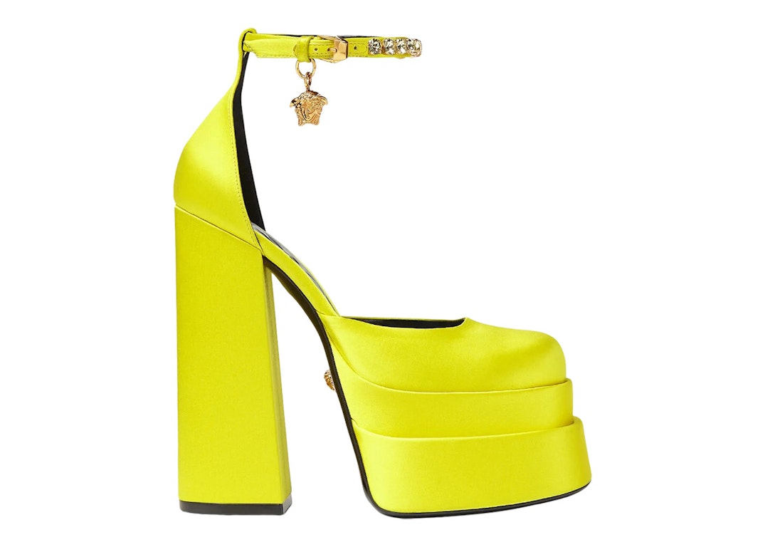 Pre-owned Versace Medusa Aevitas 155mm Platform Pumps Yellow Satin In Yellow/gold