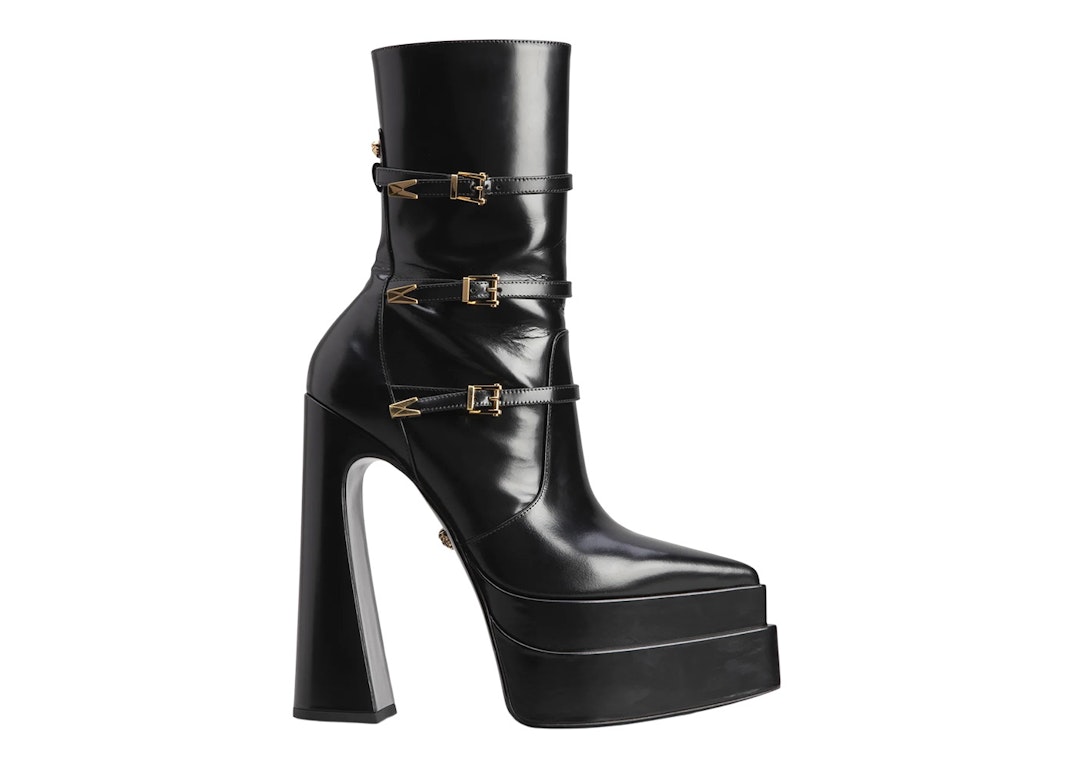 Pre-owned Versace Medusa Aevitas 165mm Pointy Platform Booties Black Patent Leather In Black/gold