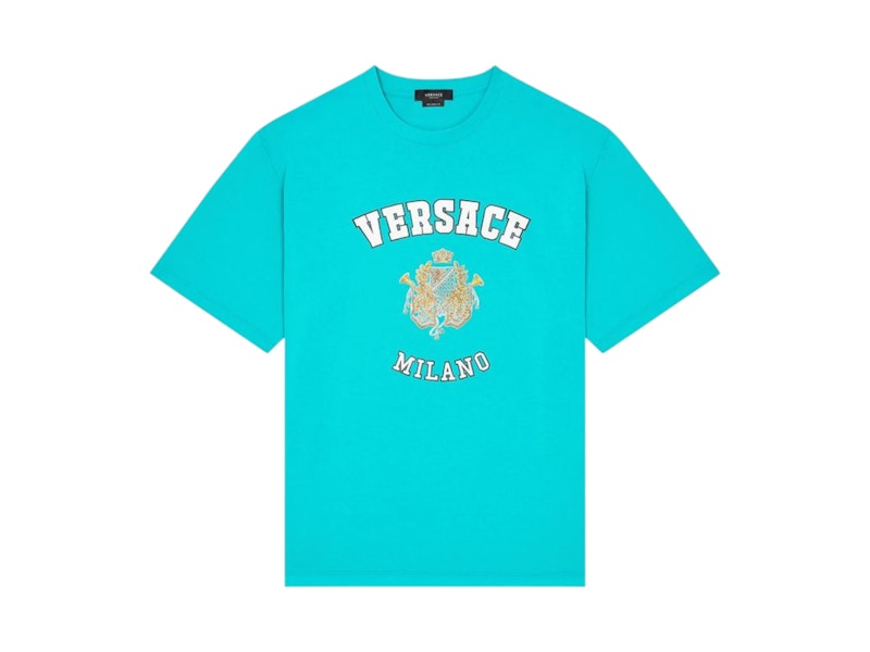Pre-owned Versace Men's Milano College Tee Shirt In Turquoise