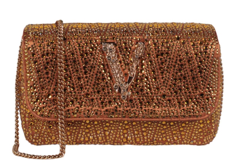 Pre-owned Versace Women's Mini Crystal Virtus Crossbody In Caramel