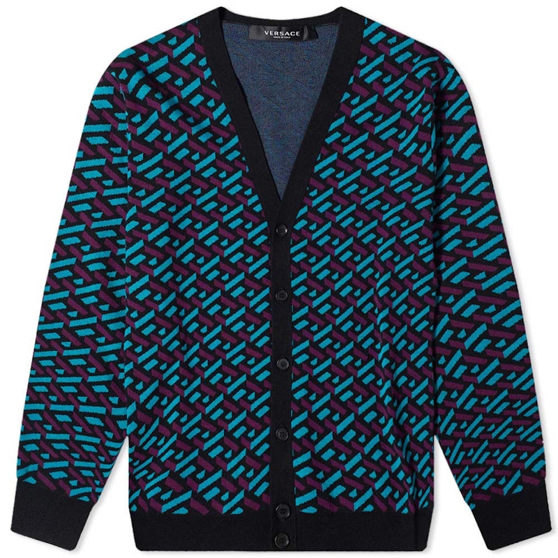 Pre-owned Versace Men's Monogram Geometric Intarsia Cardigan In Black/blue/purple