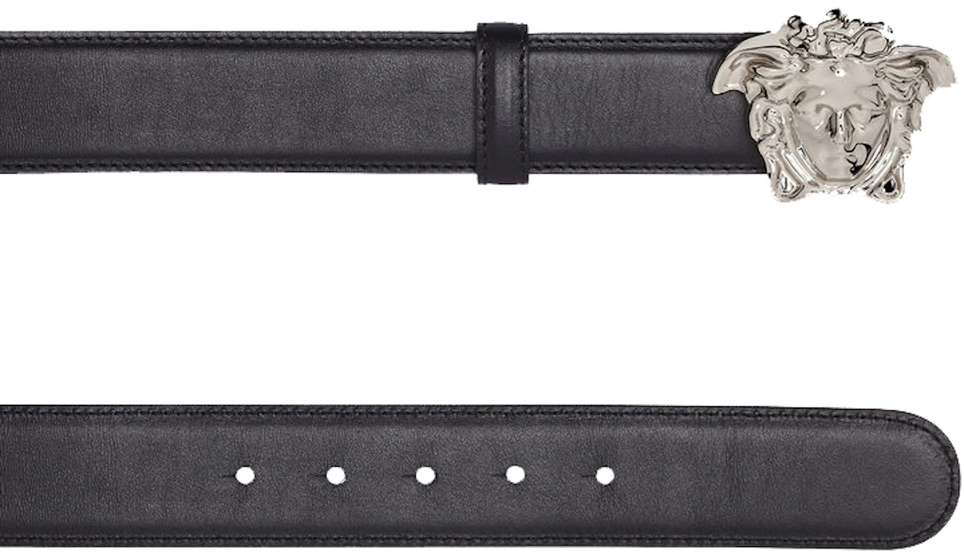 Versace Palazzo Belt Calf Leather Black in Calfskin with Silver-tone - US