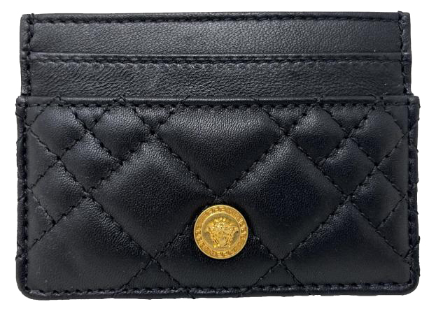 Versace Quilted Medusa Card Holder Black in Leather with Gold-tone