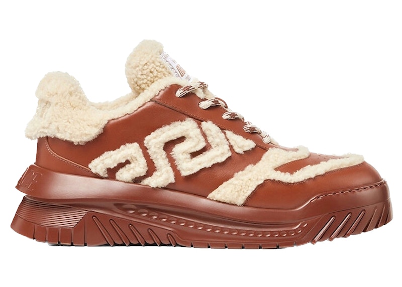 Pre-owned Versace Men's Shearling Greca Odisea Sneakers In Brown