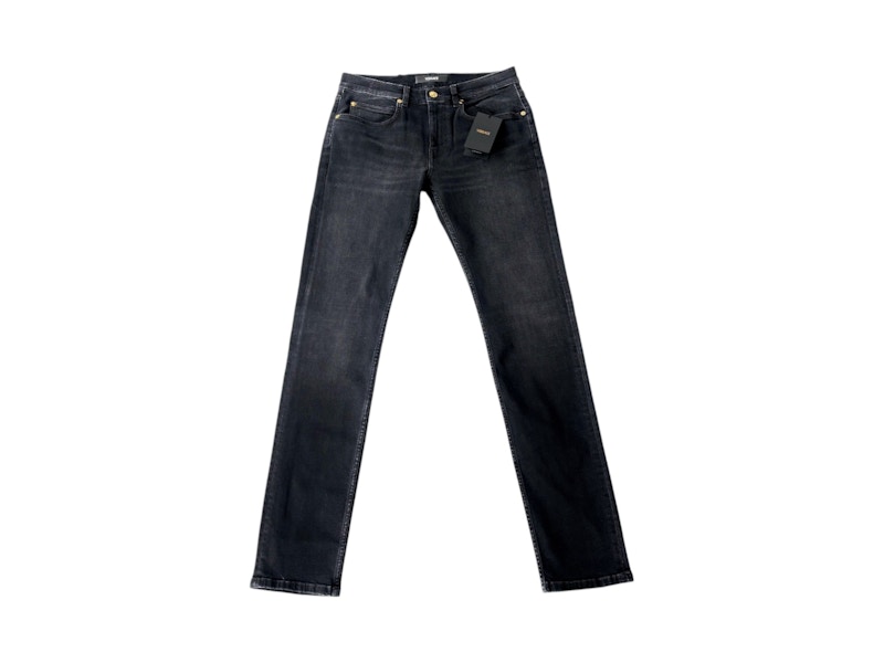 Pre-owned Versace Men's Straight Leg Embroidered Logo Jeans In Black