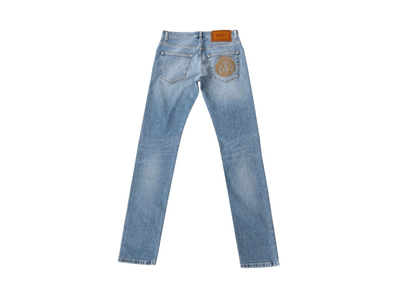 Versace Straight Leg Embroidered Logo Jeans Washed Light Blue