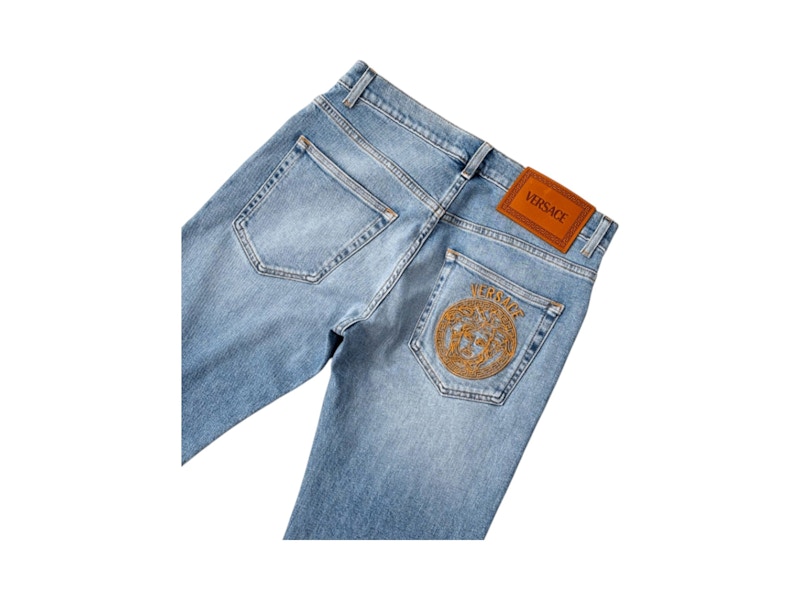 Versace Straight Leg Embroidered Logo Jeans Washed Light Blue