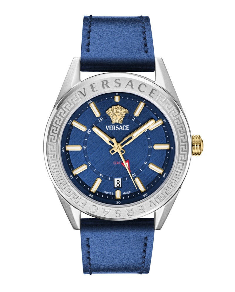 Pre-owned Versace Men's Vcode Gmt Leather Veafa0124 Watch In Stainless Steel In Silver