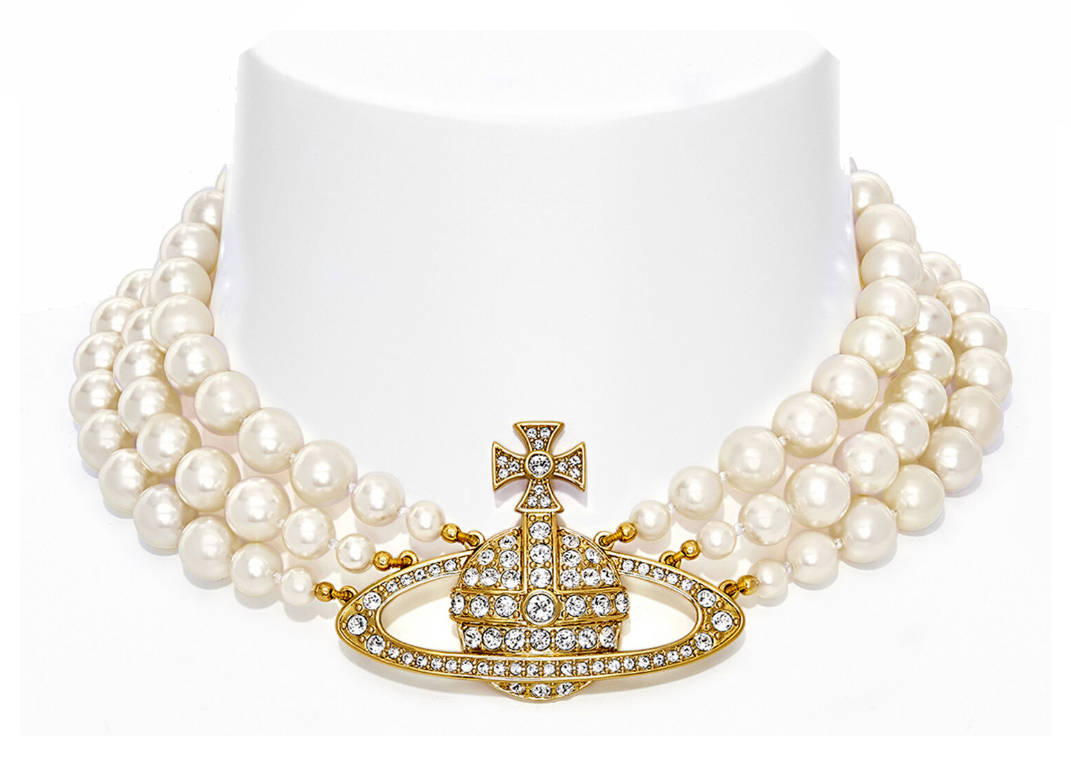 Vivienne Westwood Choker Three Row Pearl Bas Relief Gold in 100