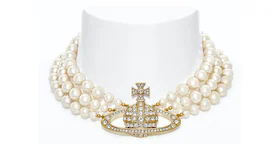 Vivienne Westwood Choker Three Row Pearl Bas Relief Gold