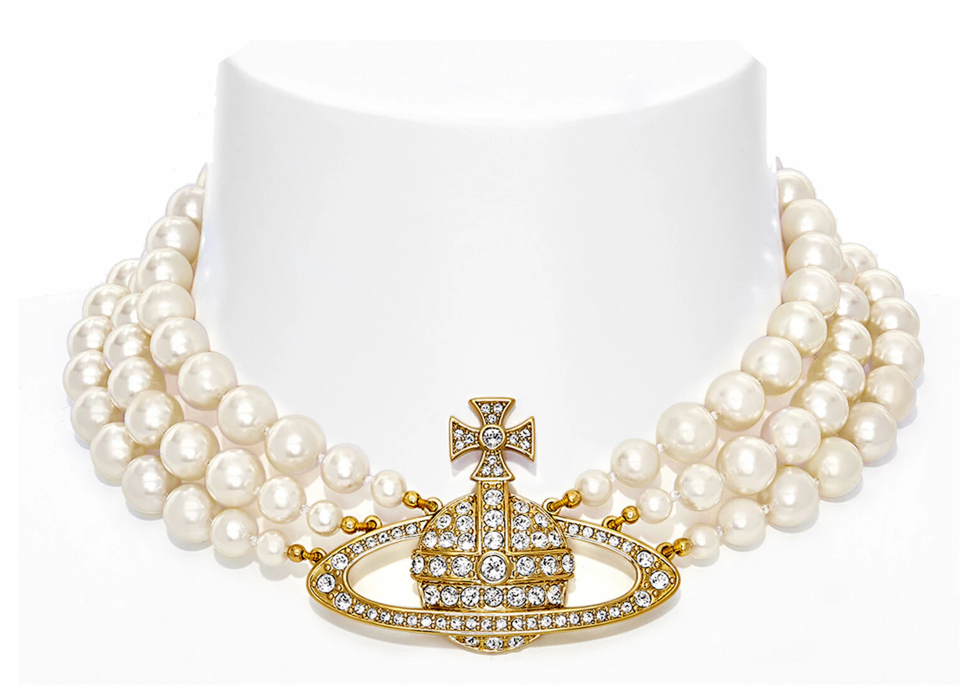Vivienne Westwood Choker Three Row Pearl Bas Relief Gold in 100