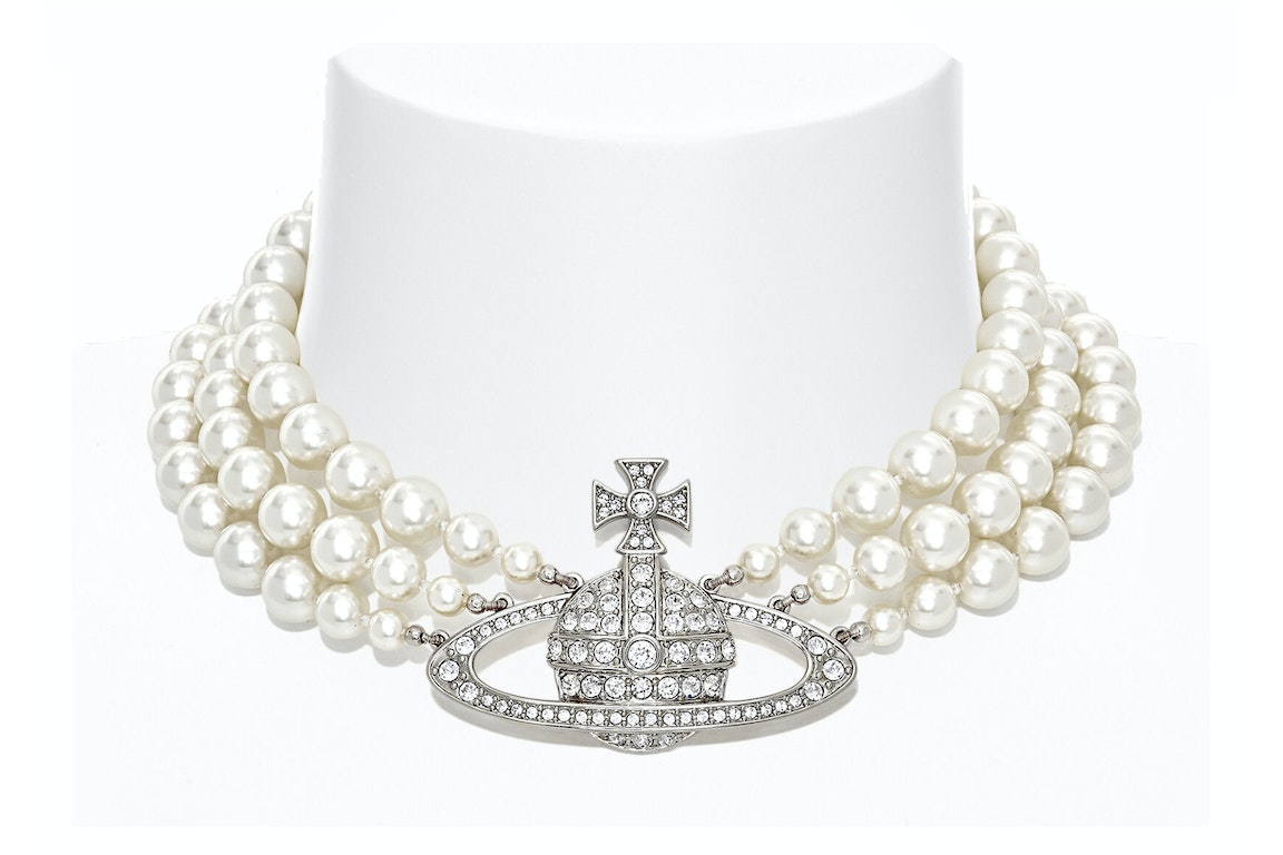 Pre-owned Vivienne Westwood Choker Three Row Pearl Bas Relief Silver
