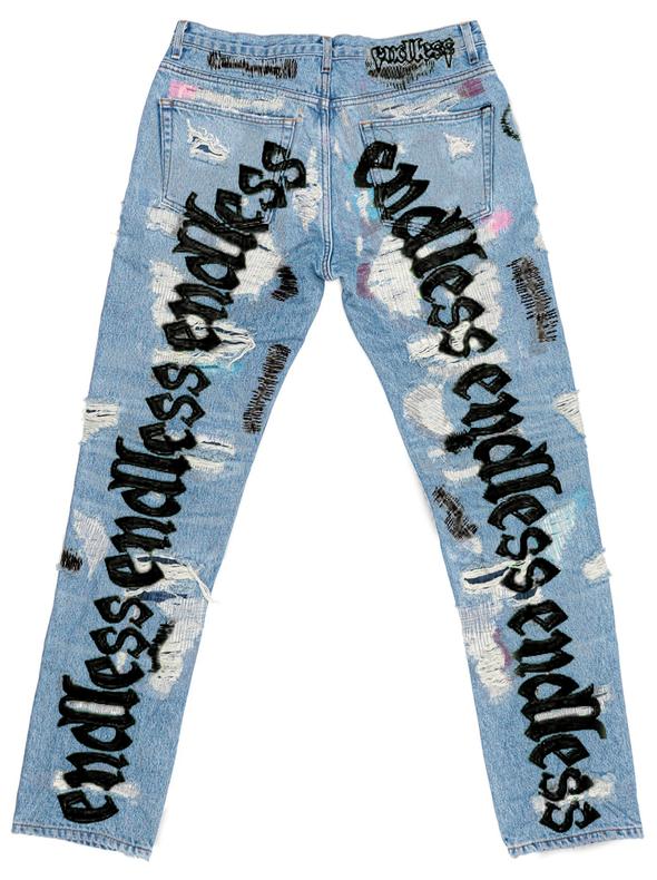 Vlone x Endless Embroidered and Distressed Denim Jeans Black