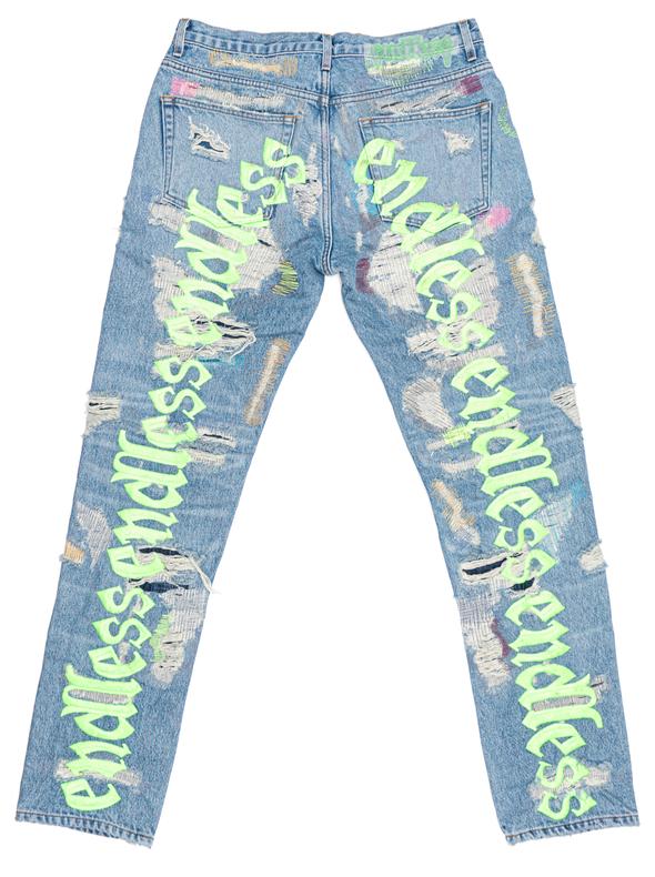 Vlone x Endless Embroidered and Distressed Denim Jeans Neon Green 
