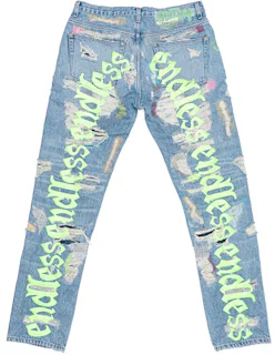 Vlone x Endless Embroidered and Distressed Denim Jeans Neon Green Men's ...