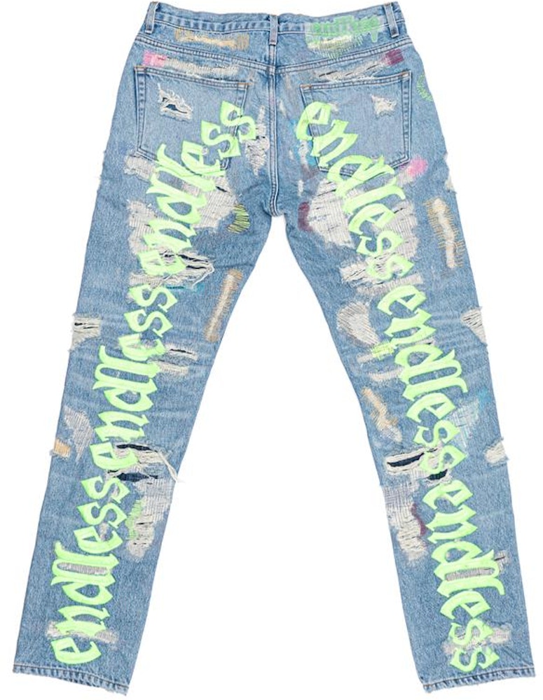 Vlone x Endless Embroidered and Distressed Denim Jeans Neon Green - SS20