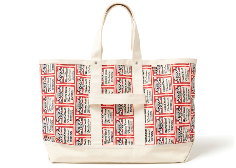 wasted youth budweiser print tote bag