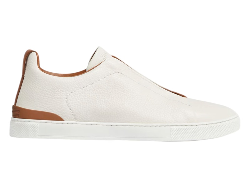 Pre-owned Zegna Men's Deerskin Triple Stitch /brown Sneakers In Off White