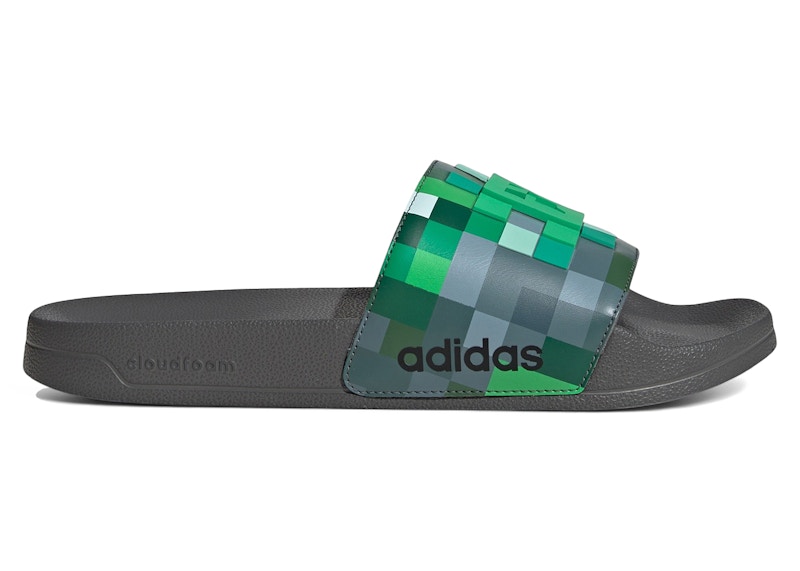 Men's Adidas Adilette Shower Slides Minecraft Creeper Sneakers in Grey Four