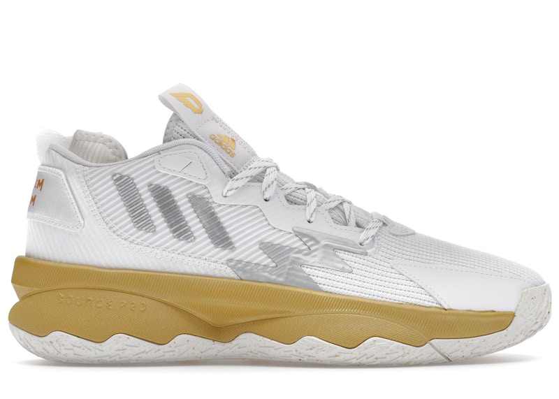 Men's Adidas Dame 8 Laheem The Dream Sneakers in White/Gold/Silver
