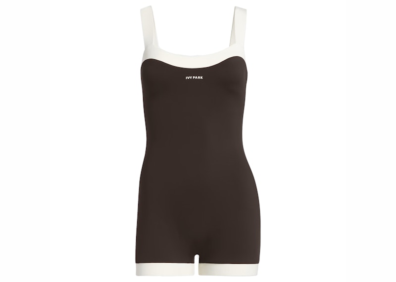 Pre-owned Adidas Originals Women's Adidas Ivy Park 60s Swim Unitard In Dark Brown/cream White