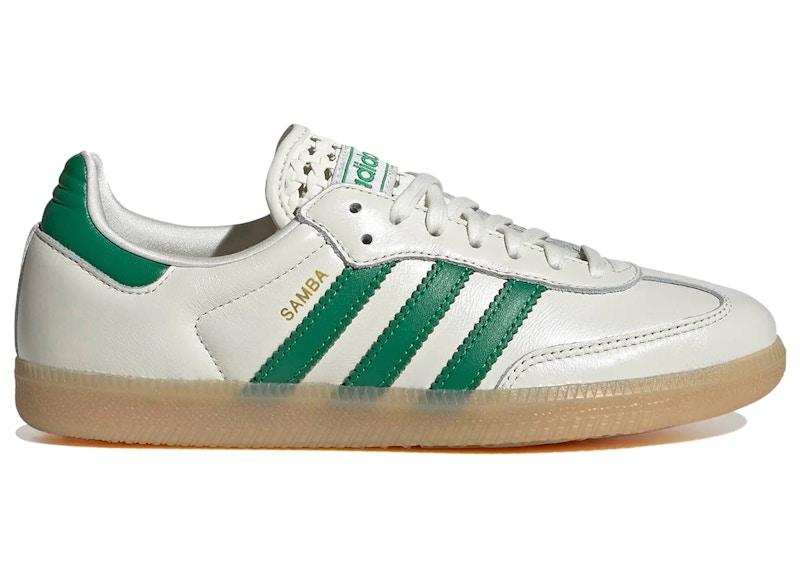 Adidas Samba OG Basketweave Tongue (Women's) Sneakers in Off White/Green/Gold Metallic