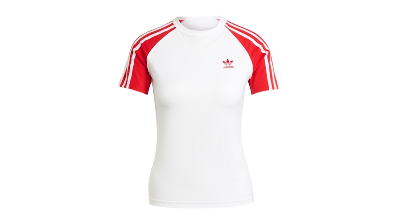 Pre-owned Adidas Originals Women's Adicolor 3stripes Raglan Slim T-shirt In White/better Scarelet Red