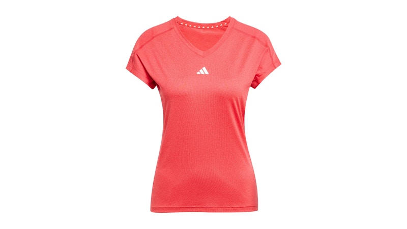 Pre-owned Adidas Originals Women's Aeroready Train Essentials Minimal Branding Vneck T-shirt In Pure Ruby/white In Multi
