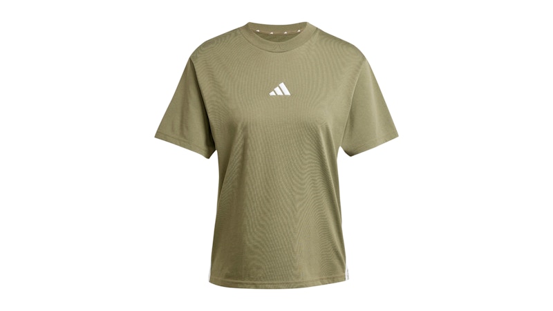 Pre-owned Adidas Originals Women's Essentials 3stripes Cotton T-shirt In Olive Strata/white
