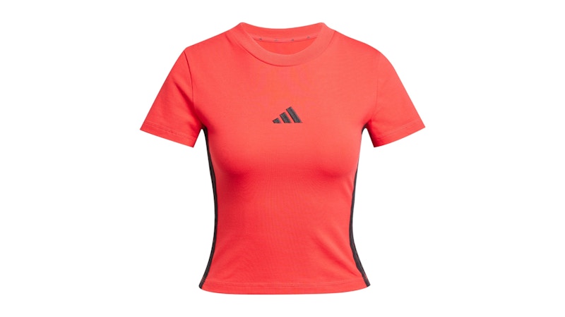 Pre-owned Adidas Originals Women's Essentials 3stripes Slim Baby T-shirt In Pure Ruby/black