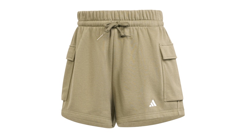 Pre-owned Adidas Originals Women's Essentials Small Logo French Terry Cargo Shorts In Olive Strata/white
