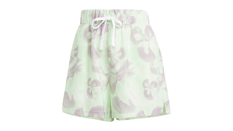 Pre-owned Adidas Originals Women's Floral Graphic Woven Shorts In Ivory/semi Green Spark/preloved Fig
