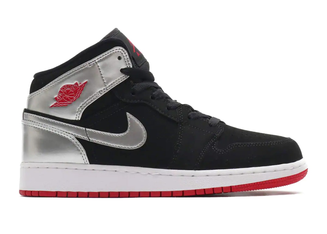 Pre-owned Jordan 1 Mid Black Red Silver (gs) In Black/gym Red-metallic Silver-white
