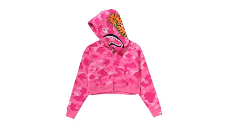 Pre-owned Bape Women's Camo Crystal Stone Shark Cropped Full Zip Hoodie In Pink