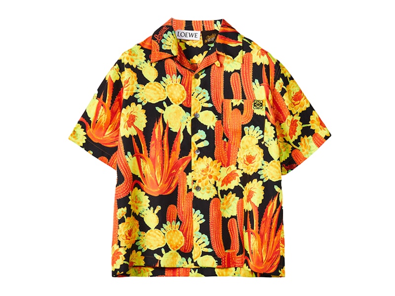 LOEWE Cactus Print Silk Bowling Shirt Black/Yellow Men's - SS22 - GB