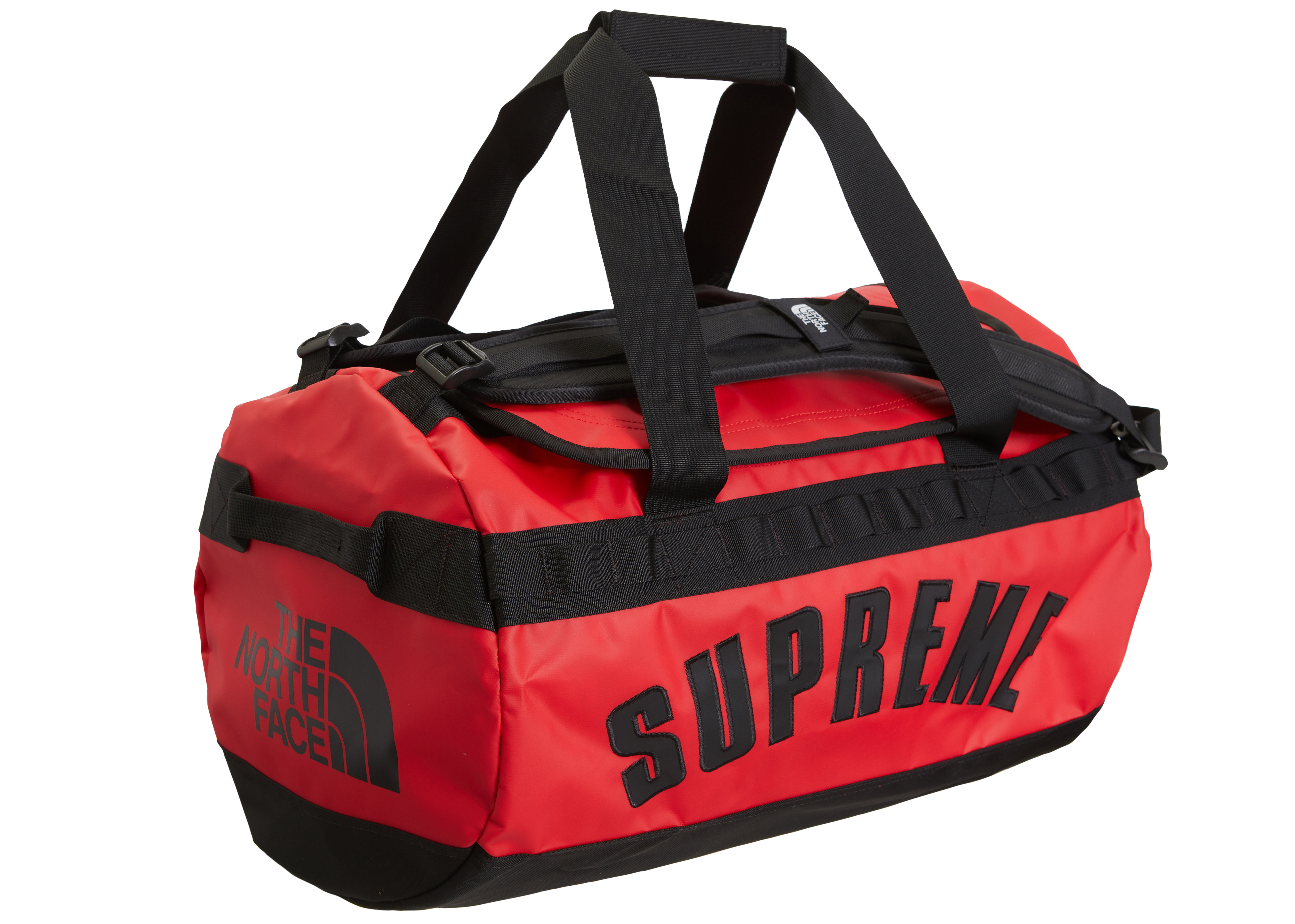 red north face duffel bag