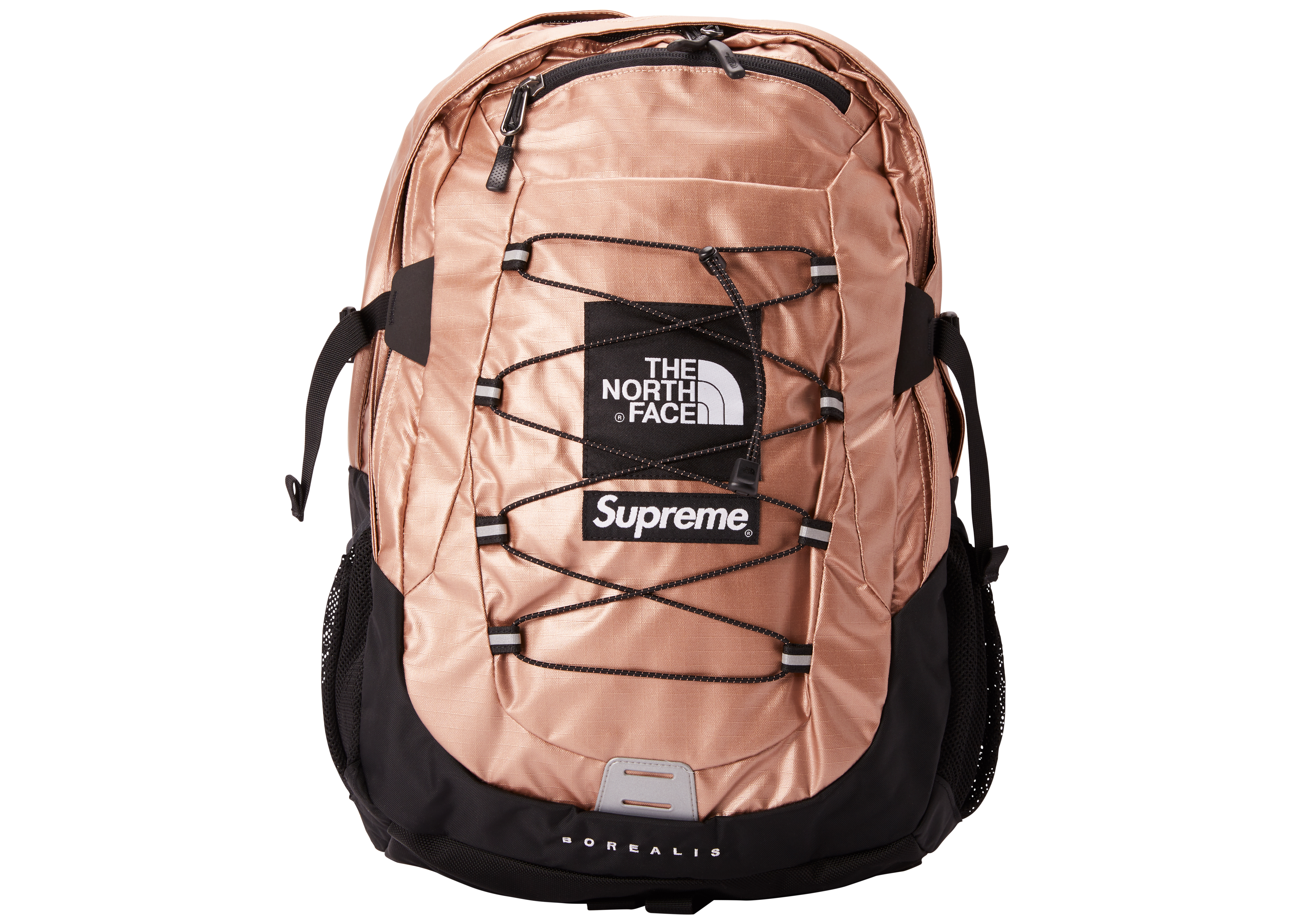 north face black and rose gold backpack